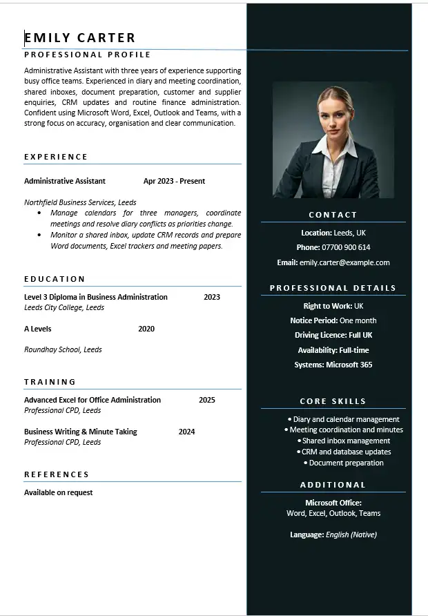 Administrative Assistant CV example for UK office roles with diary management, Microsoft Office and CRM skills
