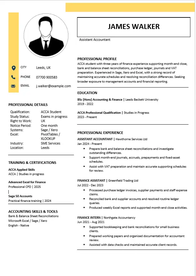 Assistant Accountant CV example with ACCA studies, reconciliations, Sage, Xero and Excel skills