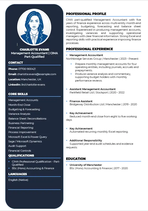 Management Accountant CV example with CIMA qualification, month-end reporting, budgeting and variance analysis