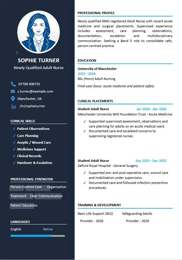 Newly qualified Adult Nurse CV example for a UK Band 5 nursing role