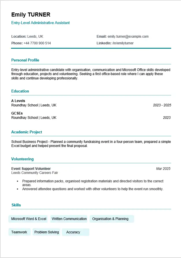 No experience CV template for Word with education, volunteering and skills