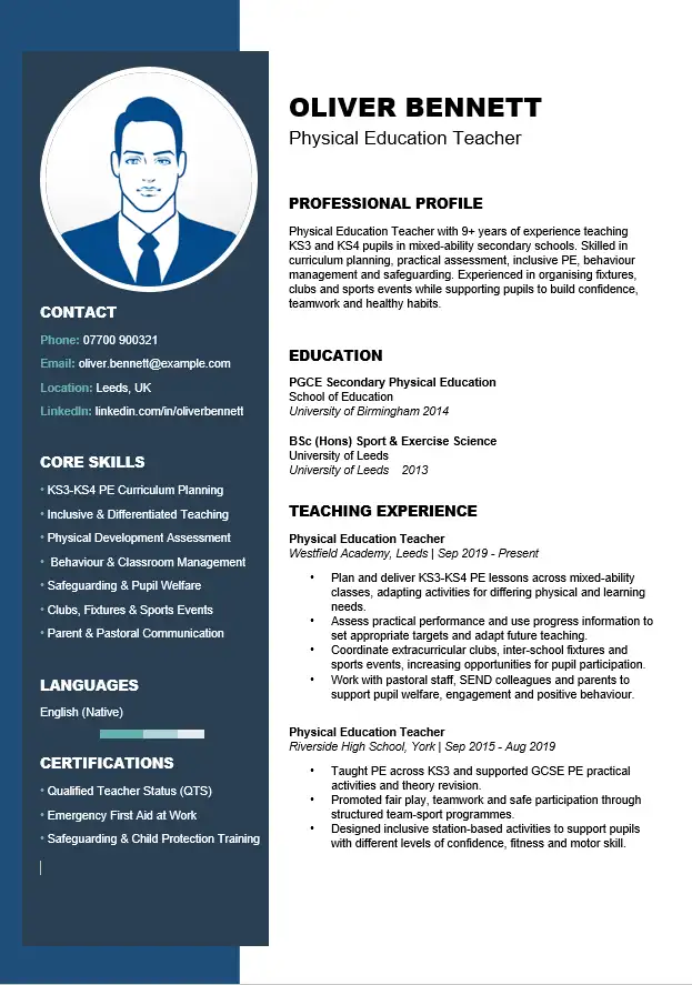 Physical Education Teacher CV example in Microsoft Word