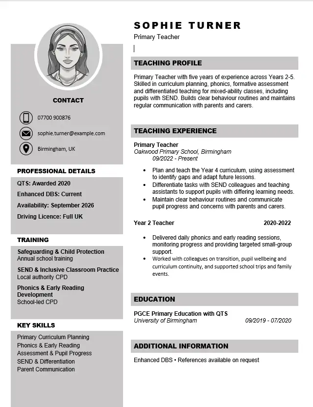 Primary Teacher CV example for UK schools