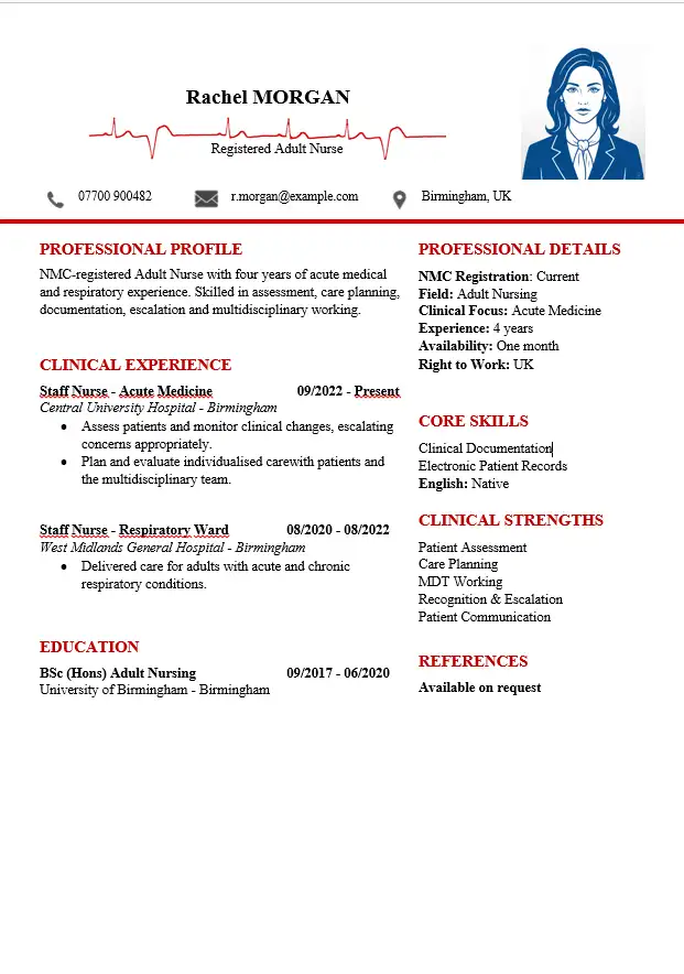 Registered Adult Nurse CV example with acute medical and respiratory nursing experience