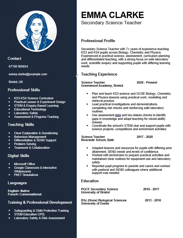 Secondary Science Teacher CV example for Microsoft Word
