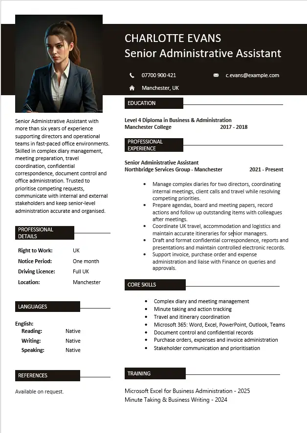 Senior Administrative Assistant CV example with diary management, travel coordination and confidential document experience