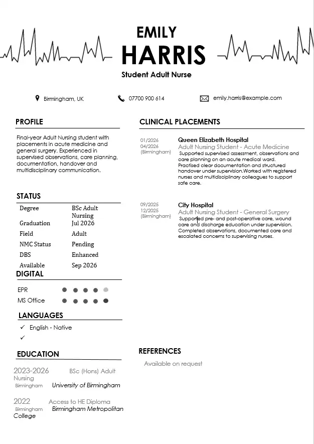 Student Nurse CV example with UK clinical placements and nursing education