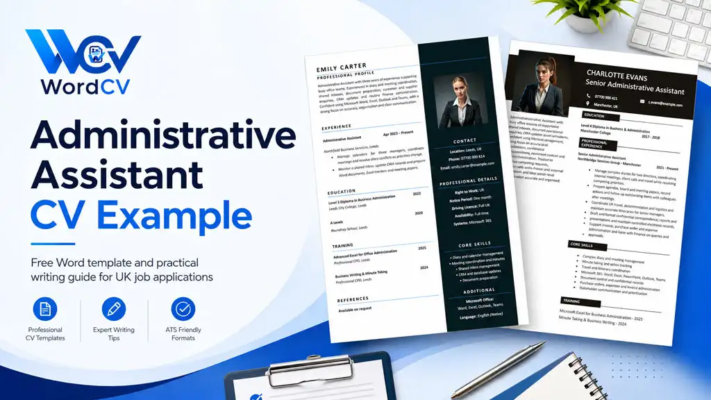 Administrative Assistant CV example for UK job applications with junior and senior admin CV templates