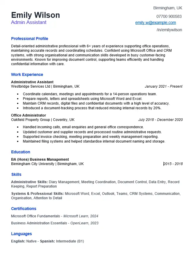 ATS-friendly CV template for Word with a simple one-column administrative assistant layout