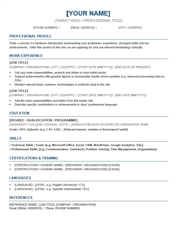 Blank CV template for Word with editable placeholder fields