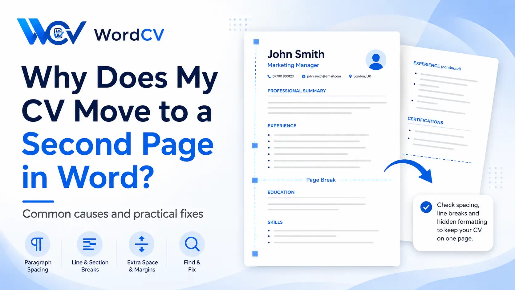 CV moving to a second page in Microsoft Word with page break and spacing issues