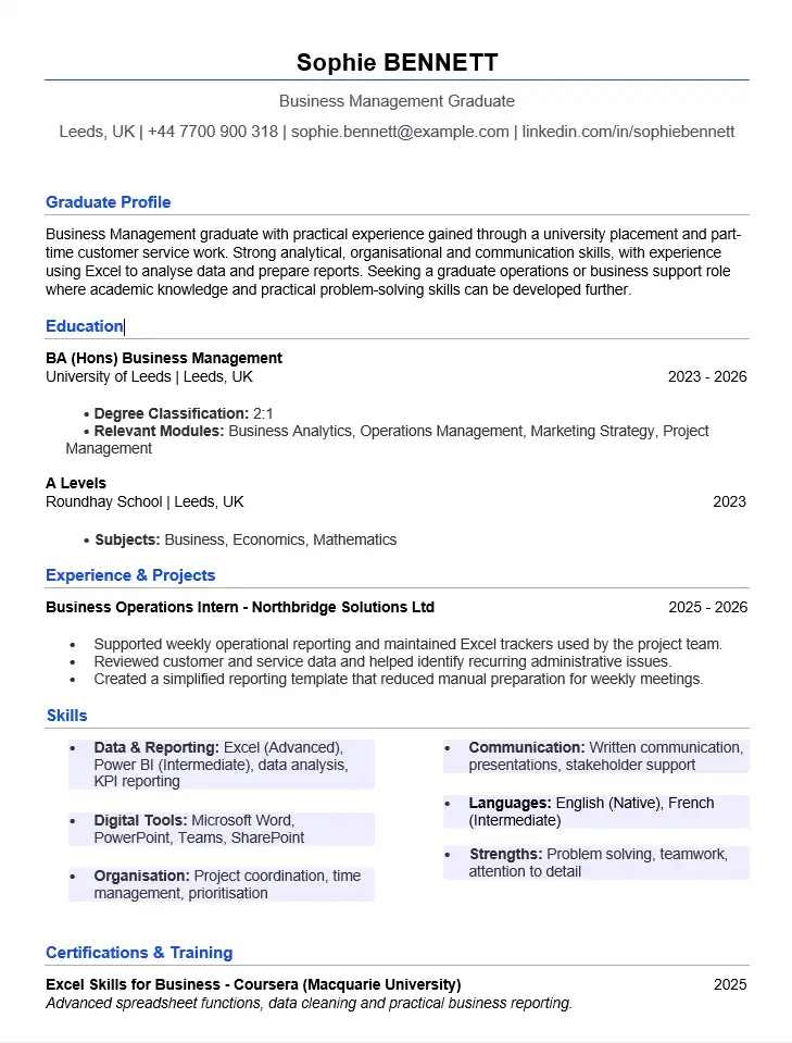 Graduate CV template for Word with business management example