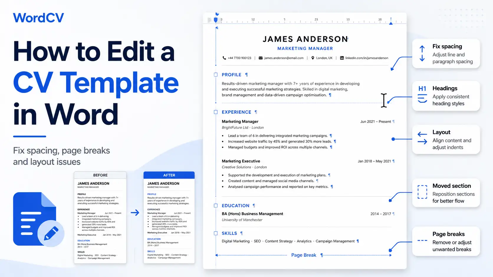 Editing a CV template in Microsoft Word without breaking the layout