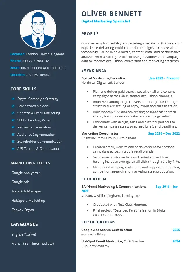 Modern CV template for Word with a two-column digital marketing layout