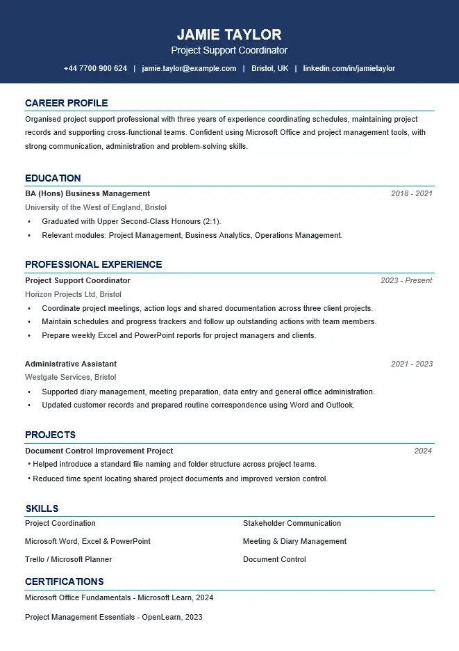 One-page CV template for Word with project support experience