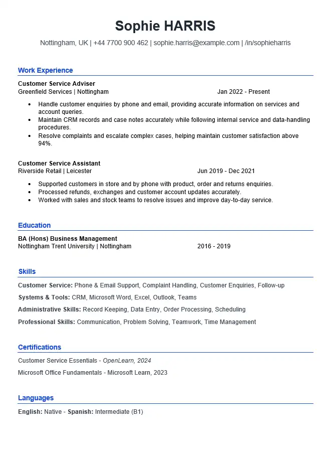 Simple CV template for Word with customer service example