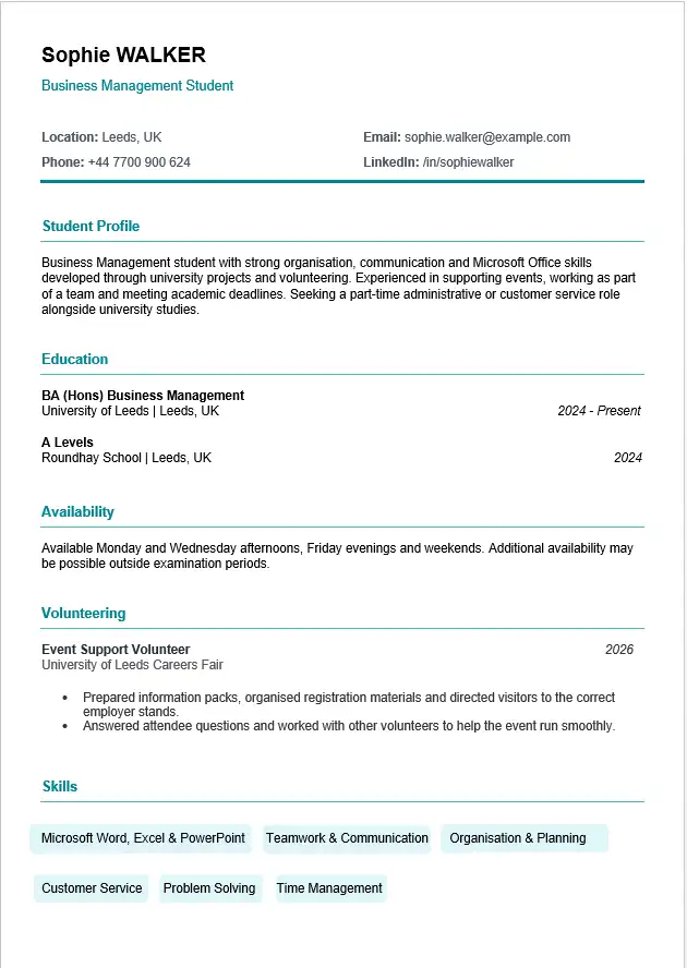 Student CV template for Word with education, availability, volunteering and skills