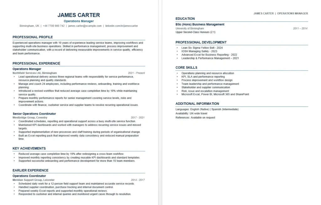 Two-page CV template for Word with operations manager experience