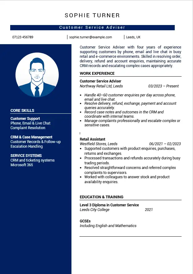 Customer Service Adviser CV example for UK roles with customer support, CRM, phone, email and live chat experience