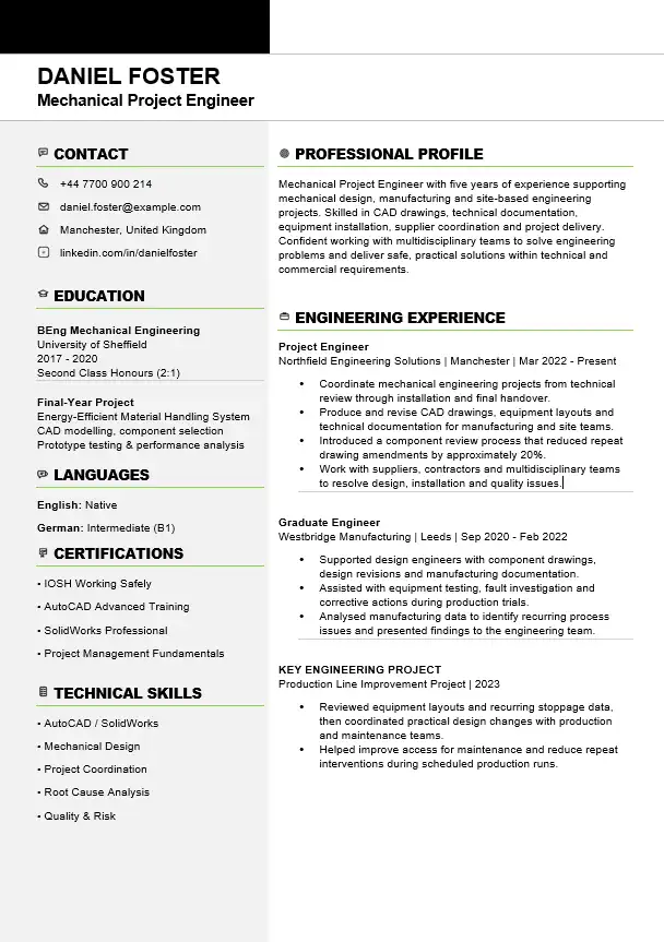 Engineer CV example showing technical skills, mechanical project experience, engineering achievements and education in a professional Word format.
