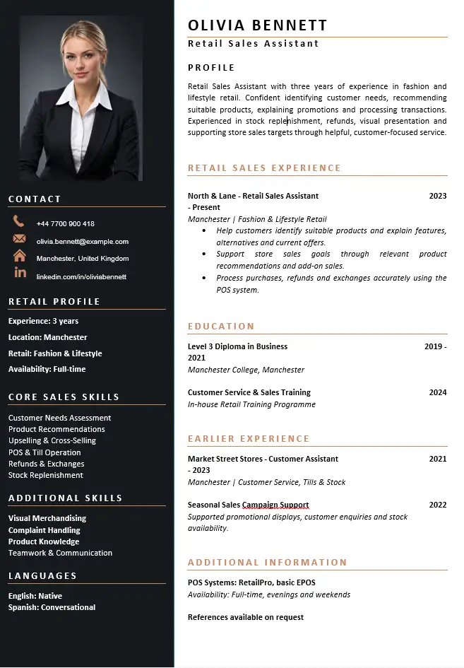 Retail Sales Assistant CV example with customer service, product recommendations, sales skills and retail experience