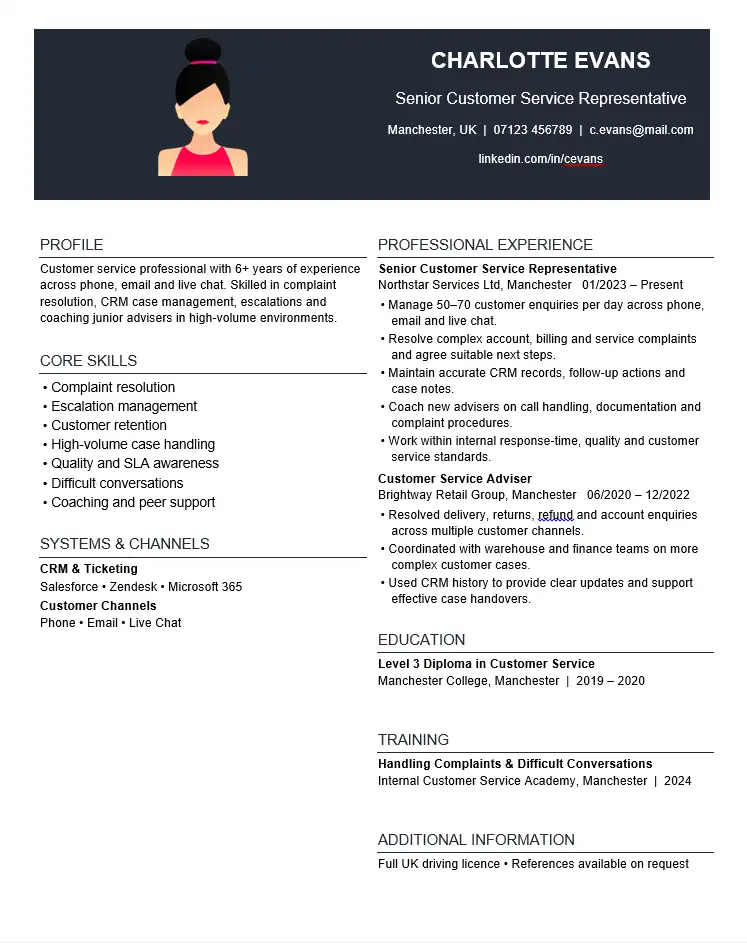 Senior Customer Service Representative CV example with complaint handling, CRM, customer retention and coaching experience