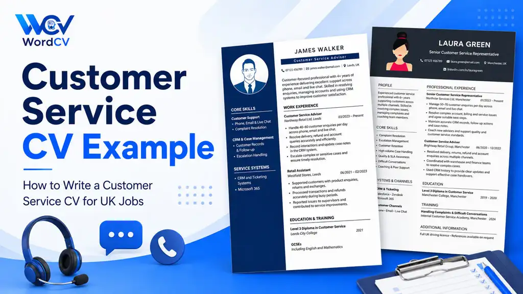 Customer Service CV example for UK jobs with Customer Service Adviser and Senior Customer Service Representative CV templates