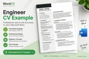 Engineer CV example with a professional editable Word template for engineering roles, technical skills, projects and work experience.