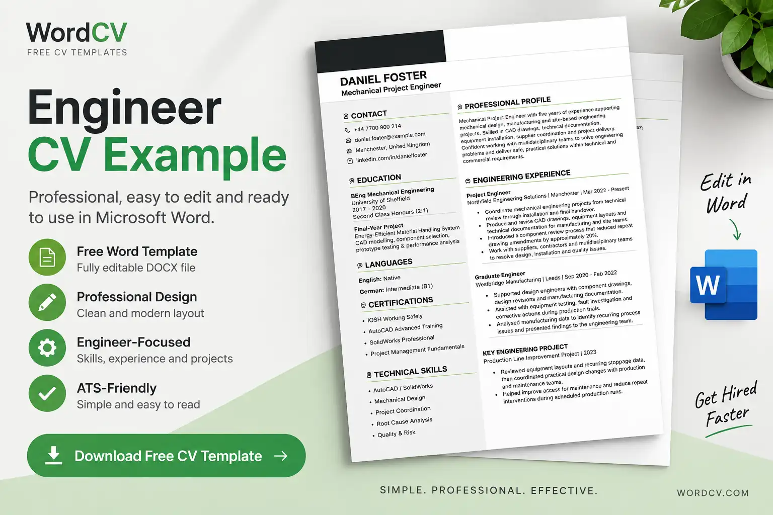 Engineer CV example with a professional editable Word template for engineering roles, technical skills, projects and work experience.