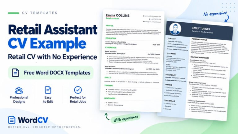 Retail Assistant CV example and retail CV with no experience using free editable Word templates
