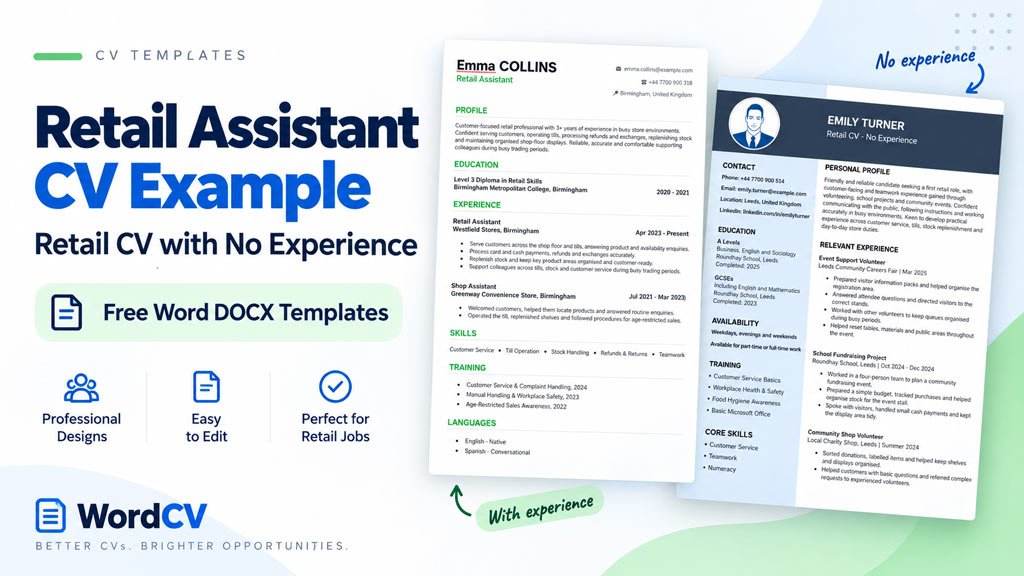 Retail Assistant CV example and retail CV with no experience using free editable Word templates