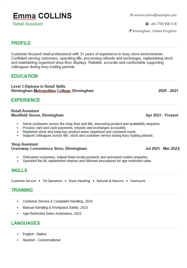 Retail Assistant CV example with customer service, till operation, stock handling and retail experience