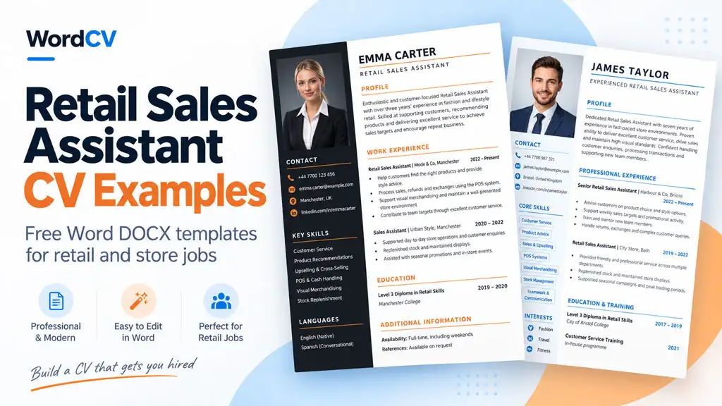 Retail Sales Assistant CV examples with editable Word templates for retail and store jobs