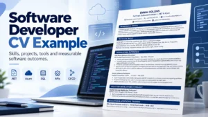 Banner image for Software Developer CV Example featuring a professional CV layout and highlighting software development skills, projects and technical experience