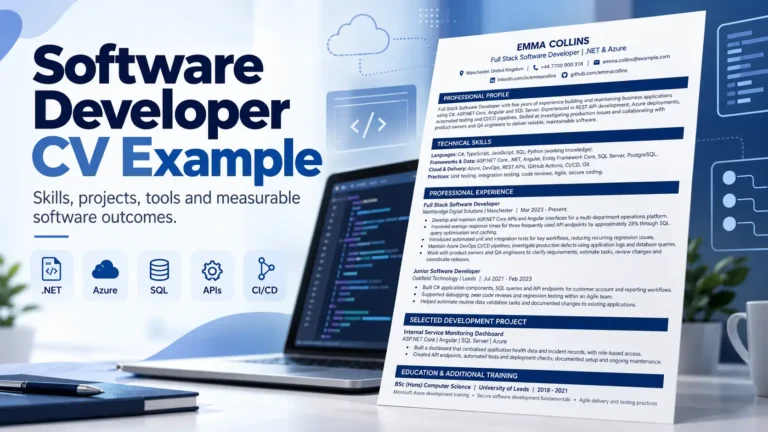 Banner image for Software Developer CV Example featuring a professional CV layout and highlighting software development skills, projects and technical experience