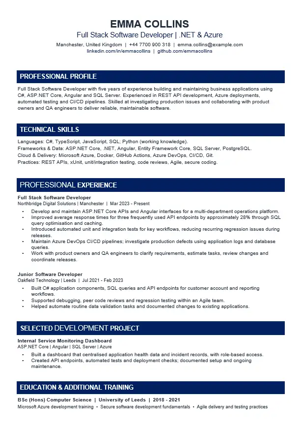 Software Developer CV example showing full stack .NET and Azure experience, technical skills, professional experience, project work and education