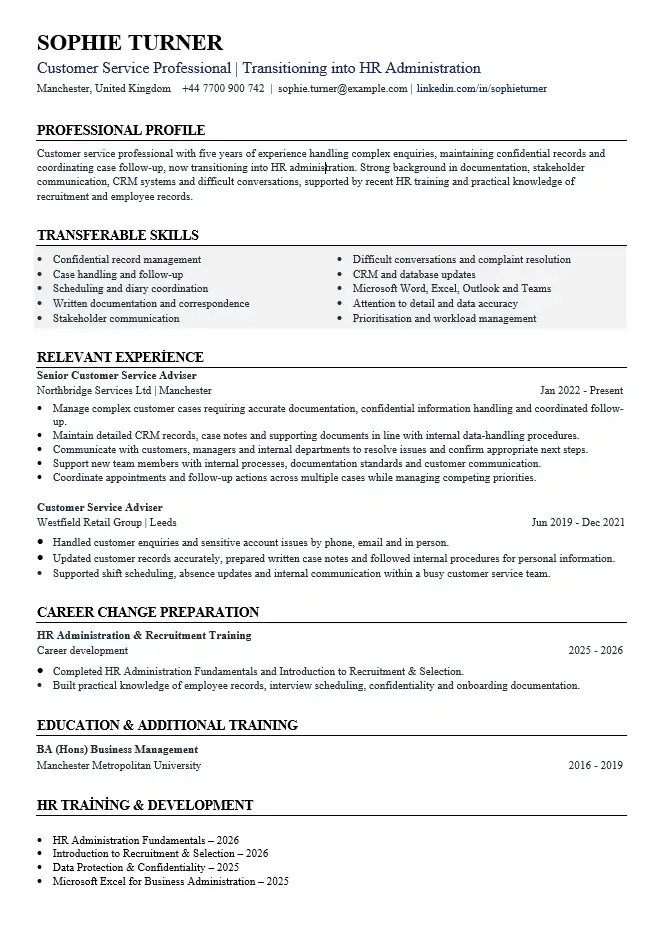 Career Change CV example showing transferable skills, relevant experience, HR training and a transition from customer service to HR administration