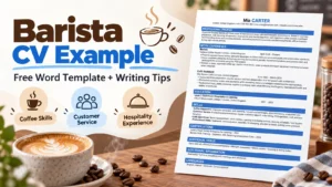 Barista CV example with a free editable Word template showing coffee skills, customer service and hospitality experience