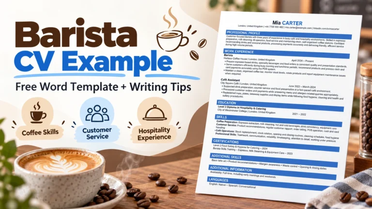 Barista CV example with a free editable Word template showing coffee skills, customer service and hospitality experience