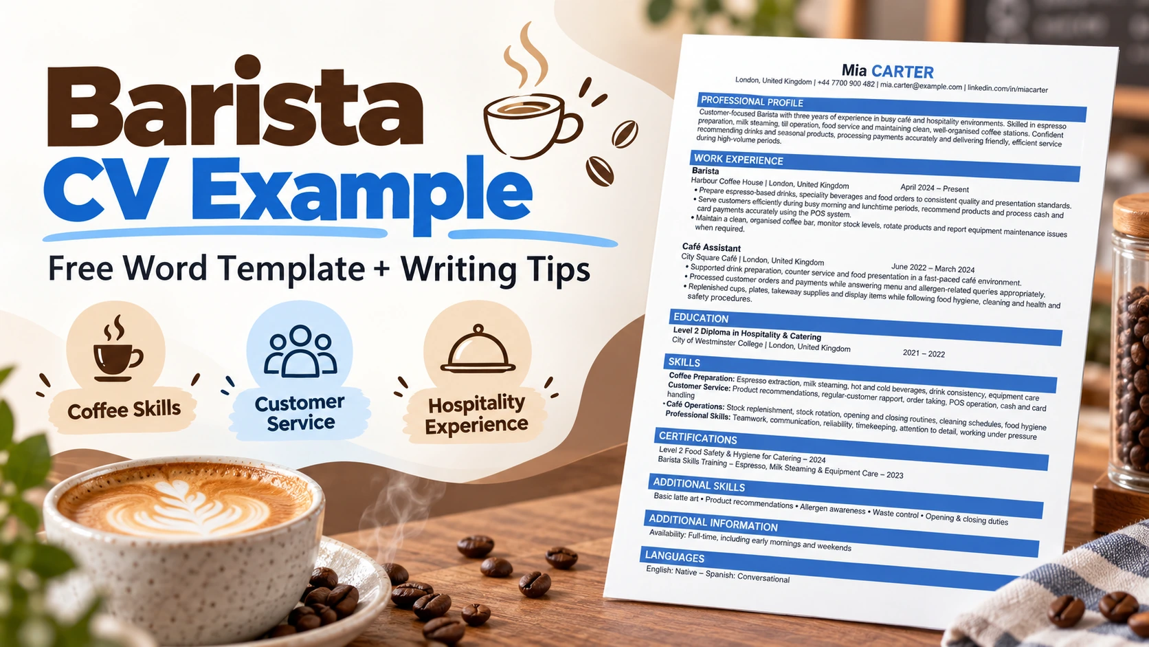 Barista CV example with a free editable Word template showing coffee skills, customer service and hospitality experience