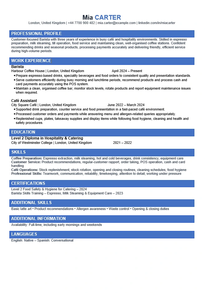 Barista CV example showing coffee preparation, customer service, café experience, food hygiene, POS skills and barista training