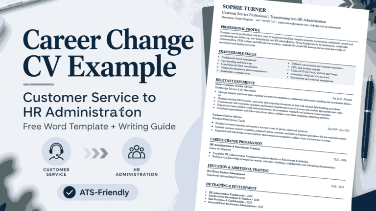 Career Change CV example with a free Word template showing a transition from customer service to HR administration