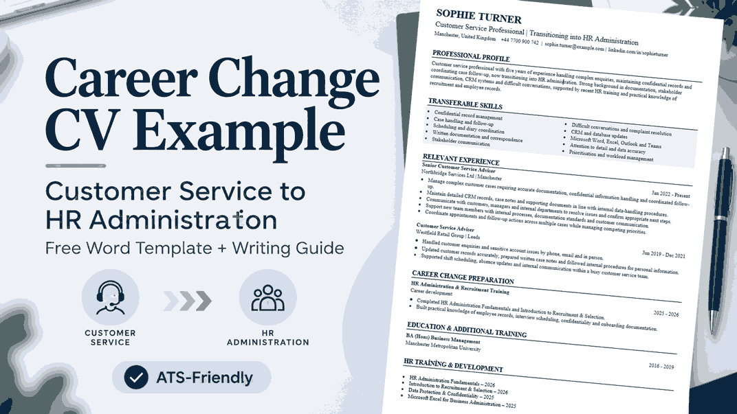 Career Change CV example with a free Word template showing a transition from customer service to HR administration
