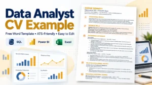 Data Analyst CV example with a free editable Word template showing SQL, Power BI, Excel, dashboards and analytical experience