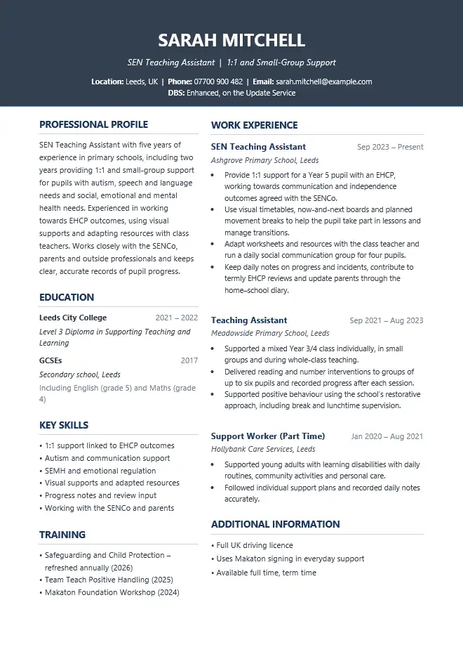 SEN Teaching Assistant CV example with 1:1 support, EHCP targets, autism and communication support experience